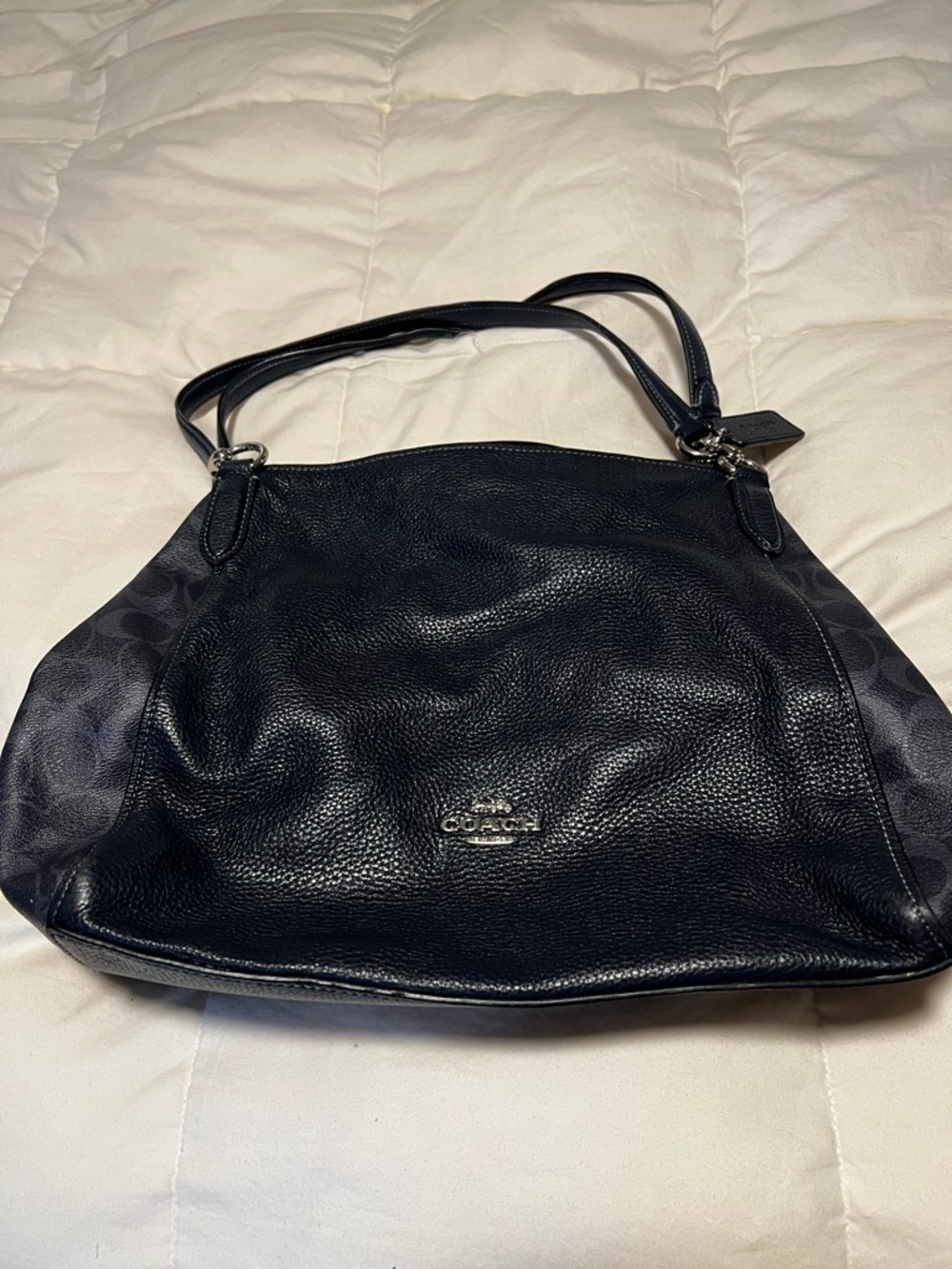 Coach Dark Navy Pebbled Leather & Signature Canvas Shoulder Tote